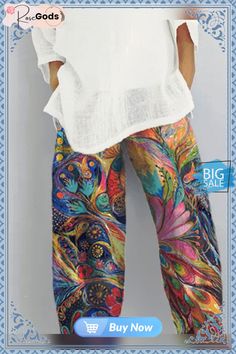 Casual Pockets Boho Printed Pants Multicolor Baggy Straight Leg Pants, Casual Baggy Printed Bottoms, Casual Multicolor Straight Leg Pants, Multicolor Baggy Straight Leg Bottoms, Casual Multicolor Bottoms With Pockets, Baggy Multicolor Straight Leg Bottoms, Baggy Printed Pants For Spring, Casual Printed Ankle-length Pants, Relaxed Fit Wide Leg Printed Pants