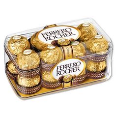 a box filled with gold foiled chocolates in it's wrapper and the words ferroo rocher