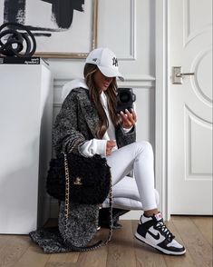 Outfit With Nike Dunk High, White And Black Nike Dunks Outfit, Nike Dunk High Black White Outfit, Black And White Pandas Nike Outfit, Alo White Leggings, Dunk High Up Outfit, Nike Dunk High Sneakers, Black Nike Dunks High Outfit, Nike Dunk High Top Outfit