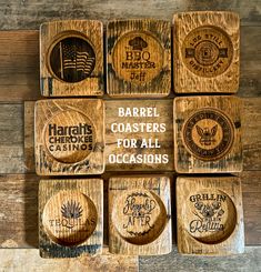 six wooden coasters with different types of logos on them, all made out of wood