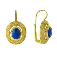 A beautiful piece that exemplifies jewelry art. Georgian-inspired earrings that feature a magnificent oval lapis that is set apart to highlight its beauty. 24k gold vermeil. Size:1 1/8 Inch. Luxury Filigree Oval Earrings, Gold Lapis Lazuli Pierced Earrings, Gold Pierced Earrings With Lapis Lazuli, Elegant Gold Lapis Lazuli Earrings, Gold Lapis Lazuli Gemstone Earrings, Gold Lapis Lazuli Earrings, Gold Oval Lapis Lazuli Jewelry, Oval Gold Lapis Lazuli Jewelry, Luxury Gold Oval Cabochon Earrings