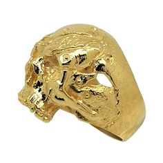 Heavy 14k Yellow Solid Gold. 22-25 grams of 14K gold. 17-19 Grams of 10K gold. Solid 14K Gold Skull Ring with unique design. When you wear it, it will completely dominate your finger and is a solid presence on your hand. The skull jewelry are at the top of the heap when it comes to loyalty and fighting prowess. This unique gold skull ring is totally handmade by Uniqable Jewelrs. Available in rose, yellow or white gold-Polished Finish Vintage Gold Engraved Skull Ring, Gold Skull Jewelry For Collectors, Gold Skull Jewelry Collectible, Gold Skull Collectible Jewelry, Gold Skull Ring Collectible, Gold Skull Shaped Collectible Ring, Gold Engraved Skull Ring For Anniversary, Memento Mori Jewelry, Biker Jewelry