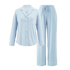 "I love this set of pajamas. Probably one of the comfiest sets that I have because it feels so soothing on my skin. I have severe eczema and it becomes worse in the summertime when it's hot, this set is great during the night as it helps with the heat even though it's a full sleeve type of PJ. I've never felt hot in it, or itchy. It's super soft and loose, so it's great to lounge around the house in. Pants were a bit bigger for me, only because I ordered XL. Maybe a large would do better for me Blue Pajamas, Pajamas For Women, Comfy Sets, Bamboo Pajamas, Soft Pajamas, Hot Flashes, Periwinkle Blue, Bamboo Fabric, It's Hot