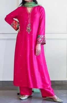 Beautiful hotpink Pakistani made to order outfit. It can be done in any color and any size. All times are non refundable as they are all custom made. Shocking Pink Contrast Dress Pakistani, Dark Pink Suits Women Indian, Pink Gota Work Dress For Eid, Pink Dress With Gota Work For Eid, Semi-stitched Pink Kurta With Dabka, Pink Kurta With Dabka Detailing, Pink Raw Silk Dress With Gota Work, Pink Salwar Kameez With Dabka Work, Festive Pink Raw Silk Salwar Kameez