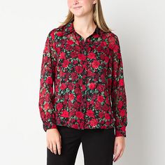 Perfect for workwear and evening outfits, this by&by women's and junior's long-sleeve button-down shirt is a must-have for your wardrobe. It's made from a smooth woven fabric and has a regular-fit, a point collar, and cuffed sleeves. Pait it with tailored trousers, skirts, or jeans. Closure Type: ButtonFit: Regular FitNeckline: Collar NeckSleeve Length: Long SleeveApparel Length: 27 InchesFiber Content: 100% PolyesterFabric Description: WovenLining Material: PolyesterCollar: Point CollarCare: Ma Evening Outfits, Button Front Shirt, Tailored Trousers, Cuff Sleeves, Shirt Color, Women Long Sleeve, Woven Fabric, Button Downs, Shirts Tops