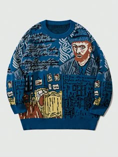 Men's Sweater Van Gogh Painting Creative Round Neck Pullover Knitwear Blue Casual  Long Sleeve Knitwear Figure Pullovers Medium Stretch  Men Clothing, size features are:Bust: ,Length: ,Sleeve Length: Boho Pullover, Sweater Streetwear, Streetwear Chic, Vintage Pullovers, Streetwear Mode, Streetwear Tops, Oversized Pullover, Mode Inspo, Style Streetwear