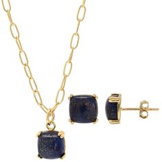 This lapis lazuli stud earrings and necklace set by Gemistry is a stunning addition to your jewelry collection. This lapis lazuli stud earrings and necklace set by Gemistry is a stunning addition to your jewelry collection. Nickel free Metal: sterling silver Chain length: 18 in. + 2-in. extender Backings: post Includes: one pair of earrings and one necklace Packaging: velvety pouch Plating: 14k gold flash plated Finish: polished Earring diameter: 7 mm x 7 mm Chain type: paper clipSTONE DETAILS S Gold Lapis Lazuli Jewelry With Cabochon, Gold Lapis Lazuli Cabochon Jewelry, Yellow Gold Lapis Lazuli Cabochon Jewelry, Sapphire Jewelry With Matching Earrings For Gift, Fine Jewelry With Lapis Lazuli Gemstone, Gold Lapis Lazuli Jewelry Set With Earrings, Yellow Gold Lapis Lazuli Jewelry With Natural Stones, Yellow Gold Jewelry With Lapis Lazuli Natural Stones, Gold-plated Cabochon Jewelry Gift