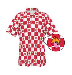 Fire Kirby Red & White Checkered Adult Unisex/Gender Neutral Hawaiian Shirt.  ** CUSTOM prints and patterns available ** Comfortable and stylish with all the good vibes of Kirby's dreamland! Perfect for work, dancing, beach, or casual settings. Also makes excellent gifts for birthdays, Christmas, Holidays, Hanukkah, Kirby Lovers, Anniversary, Vacations, and more! More sizes may be available upon request! 95% Polyester, 5% Spandex **This item is a pre-order! Please plan for 2-3 weeks for delivery** Red Graphic Print Top As Gift, Cute Collared Top With Graphic Print, Fun Short Sleeve Shirt With Character Print, Funny Printed Short Sleeve Shirt, Fun Printed Short Sleeve Shirt, Fun Short Sleeve Shirt With Funny Print, Retro Short Sleeve Shirt With Custom Print, Red Short Sleeve Tops As Gift, Retro Red Printed Camp Shirt