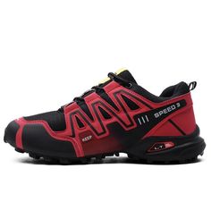 a red and black shoe with the word on it