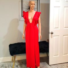 Beautiful Red Ruffle Plunge Split Leg Maxi Dress Nwt Maxi Dress Coverup, Tie Waist Maxi Dress, Maxi Bodycon Dress, Split Legs, Yellow Maxi, Boohoo Dresses, Maxi Sundress, Dresses Beautiful, Blue Maxi