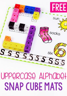 an uppercase alphabet snap cube mats with free printables to help kids learn how to use them