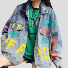 Be the center of attention in our Neon Letters Vintage Denim Jacket for Ladies. Y2K trend from our 2023 Autumn-Winter Collection! Crafted with timeless denim. this large jacket is the perfect blend of comfort. durability and modern couture. The intricate pattern of neon letters. embellishments and buttoned closure are sure to make a statement wherever you go.Distinctive Features: Y2K Style: This oversized denim jacket is a couture take on the classic Y2K aesthetic. ensuring you stand out in the Letters Vintage, Neon Letters, White Jeans Men, Large Jacket, Yellow Denim, Jacket Ideas, Painted Jeans, Looking Dapper, Oversized Denim Jacket