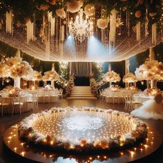 an elaborately decorated wedding venue with chandeliers and flowers on the ceiling is lit by candles