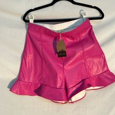 Mainstrip Ruffled Pink Shorts, Faux Leather, Side Zipper, Sz M Faux Leather Bottoms For Day Out In Spring, Spring Party Faux Leather Bottoms, Chic Faux Leather Bottoms For Spring, Ruffled Bottoms For Spring Date Night, Ruffled Bottoms For Date Night In Spring, Spring Date Night Ruffled Bottoms, Trendy Faux Leather Bottoms For Summer, Summer Faux Leather Bottoms For Going Out, Flirty Spring Bottoms For Date Night