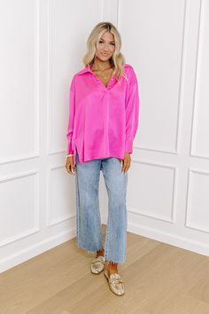 – Simple and stunning for a sweet night out – Lightweight, soft textured material – V-cut, collared neckline – Long, loose sleeves with button closure cuffs – Relaxed, flattering silhouette that ends in a straight upper-thigh hemline Sweet Night, Loose Sleeves, V Cut, V Cuts, Unisex Style, Distressed Jeans, Unisex Fashion, Classic Style, Hot Pink