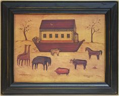 a painting with animals and a barn in the background is framed by a black frame