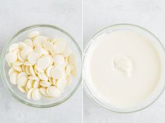 two bowls filled with white chocolate and one bowl full of white chocolate next to each other