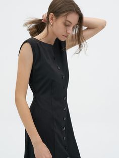 This is a trendy and feminine dress by Lamerei that is made out of high quality and sturdy material. With distinctive mood of the design and modern feminine look, you can style it for your comfortable daily outfit.- Boat neckline- Side pocket and buttons on the front- Feminine and modern mood Black Dresses With Side Buttons For Work, Black Dress With Side Buttons For Work, Black Workwear Dress With Side Buttons, Black Dress With Hidden Button Closure For Work, Chic Mini Dress With Button Back, Fitted Button Back Midi Dress For Work, Structured Dress With Buttons For Work, Fitted Midi Dress With Button Back For Work, Structured Buttoned Dress For Work