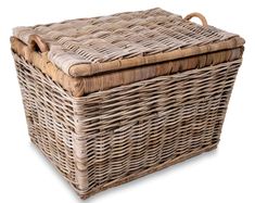 a large wicker basket with handles on the lid is shown in front of a white background