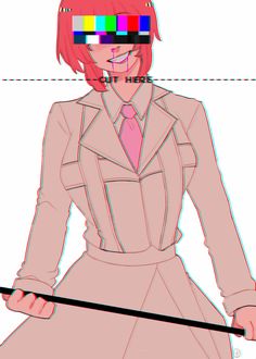 a drawing of a woman in a pink dress holding a stick with colored bars on it