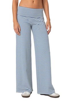 Enjoy all the maximums—ease, comfort and style—in these knit pants designed with a fold-over waistband and fun-forward horizontal stripes. Pull-on style 45% cotton, 45% polyester, 10% spandex Machine wash, dry flat Imported Striped Stretch Pants For Loungewear, Stretch Striped Pants For Loungewear, Casual Wide Leg Bottoms With Striped Hem, Casual Wide Leg Bottoms With Vertical Stripes, Stretch Wide Leg Bottoms With Vertical Stripes, Spring Blue Bottoms With Striped Hem, Blue Bottoms With Striped Hem For Spring, Casual Vertical Stripes Bottoms For Loungewear, Striped Stretch Wide Leg Pants