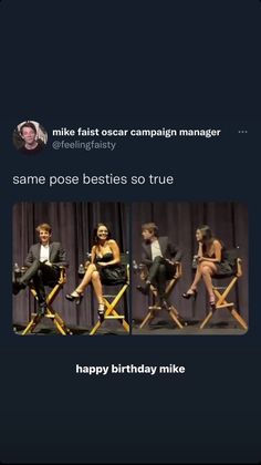 three people sitting in chairs with the caption'happy birthday mike'on them