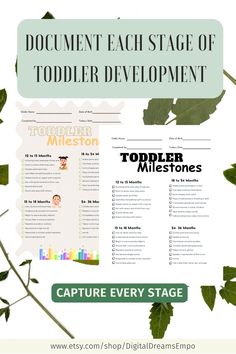 an image of a child's development manual with leaves and text that reads, document each stage of toddler development