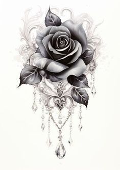 a black and white drawing of a rose with leaves on it's side, hanging from a chain