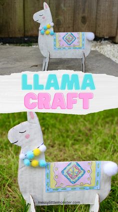 llama craft made out of paper mache and yarn on top of grass with text overlay that says llama craft