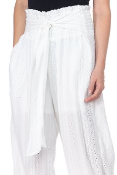 White Knit Eyelet Pants 100% Polyester Illet Long and flowy waist pants with tie belt White Pants With Elastic Waistband And Tie-side, Casual White Tie-side Bottom Pants, Casual White Tie-side Pants, Casual White Pants With Tie-side Bottom, White Tie-side Bottom Pants For Spring, White Summer Pants With Tie Waist, White Wide-leg Pants With Tie Waist, White Tie Waist Beach Pants, White Tie Waist High-waisted Pants