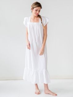 Genevieve Ladies White Cotton Nightgown - Jacaranda Living White Spring Sleepwear For Home, White Relaxed Fit Nightgown For Sleep, White Cotton Home Dress, White Cotton Dress For Home, White Cotton Nightgown For Lounging, White Relaxed Fit Nightgown, White Lace Trim Sleepwear For Lounging, White Fitted Sleepwear, Fitted White Sleepwear