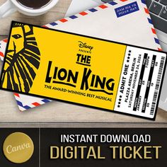 the lion king ticket sitting on top of an envelope next to a cup of coffee