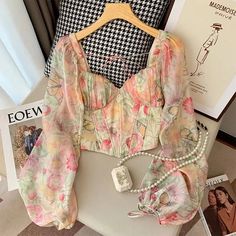 Womens Floral Print Puff Sleeve Pearl Trim Top Ladies Chiffon Shirts, Soft Pastel Colors, Solid Leggings, Female Clothing, Trim Top, Chiffon Shirt, Daily Dress, Floral Chiffon, Puff Sleeve Top