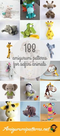 many different stuffed animals are shown in this collage with the words'108 amigurmi patterns for safari animals '