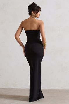 Belle of The Ball Black Bandeau Maxi Dress With Split Hem – Club L London - USA Long Black Strapless Dress, Bandeau Maxi Dress, Dress With Split, Sleek Dress, Black Bandeau, Black Dress Prom, Dresses Wedding Guest, Black Tie Gala, Black Strapless Dress