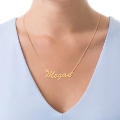 The style is in the spelling with this on-trend personalized necklace. Created in sterling silver with 14K gold plate, this elegant design showcases the name of your choice - between three and 10 characters in length - sculpted in a flowing script font. Polished to a bright shine, this moniker suspends centered along an 18.0-inch cable chain that secures with a spring-ring clasp. Classic Pendant Name Necklace For Anniversary, Classic Name Pendant Necklace, Elegant Charm Necklaces With Custom Name For Personalized Gift, Classic Pendant Necklace With Name, Classic Engraved Nameplate Necklace, Personalized Name Necklace In Yellow Gold, Elegant Nameplate Charm Necklace For Mother's Day, Formal Personalized Initial Pendant Name Necklace, Elegant Customized Nameplate Charm Necklace