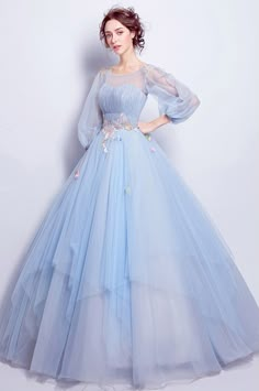 10% off now|Buy Cinderella Blue Ball Gown Prom Dress With Puff Sleeves For Quinceanera at wholesale price online. Free shipping and pro custom service since 2009. Prom Dresses With Sheer Sleeves, A Line Grad Dress Long, Plus Size Long Sleeve Prom Dress, Lantern Sleeve Prom Dress, Prom Dress Flowy Sleeves, Prom Dress Modest Long Sleeve, Tulle Long Dress Sleeve, Tulle Prom Dress With Sleeves A Line, Princess Ball Gowns With Sleeves