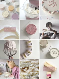 a collage of photos with different types of cakes and icing on it's sides