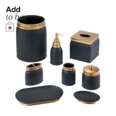 black and gold bathroom accessories including soap dispenser