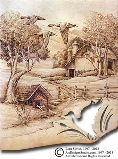 a drawing of an old farm with geese flying over it