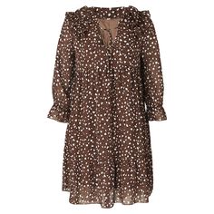 Brown Leopard Spot V Neck Chiffon Dress Chic Chiffon Midi Dress For Daywear, Fall Chiffon Midi Dress With Ruffles, Fall Chiffon Dress With Ruffles, Chic Spring Workwear Chiffon Dress, Chic Spring Chiffon Dress For Work, Chiffon Ruffle Dress For Work, Chiffon Ruffle Dresses For Workwear, Chiffon Day Dresses For Fall, Chiffon Daywear Dresses For Fall