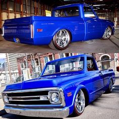 an old blue truck with chrome rims parked in front of a building and another photo of the same vehicle