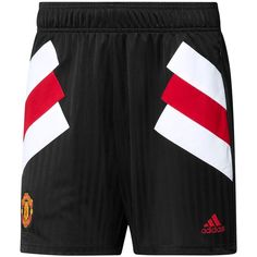 Whether you're getting ready to hit the pitch or to cheer on Manchester United at their next match, you'll be able to emphasize your fandom by sporting these Football Icon shorts from adidas. They feature club-colored stripes across the front and an embroidered Manchester United emblem on the right leg. Thanks to the drawstring-adjustable elastic waistband, you'll be able to maintain a comfortable fit throughout every wear. One zippered rear pocket Officially licensed Training Jersey Sewn-on str Athleisure Shorts With Three Stripes For Sports Events, Adidas Sportswear Shorts With Three Stripes, Adidas Three Stripes Bottoms For Sports Events, Sports Shorts With Three Stripes, Three Stripes Sports Shorts, Team Spirit Shorts With Built-in Shorts For Sports Season, Three Stripes Shorts For Sports Events, Team Logo Shorts For Sports, Sporty Team-colored Shorts With Team Logo