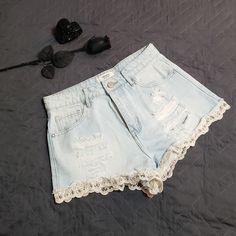 Size 26 New Without Tags Light Blue Jean Forever 21 High Waisted Distressed Shorts With Lace Trim Cute Fashion Sexy Style Shorts Short High Waist Distressed 2019 2020 Popular Trend Trendy Brand Brand Name Hippy Festival Hipster Lace Summer L.A. La California Cali Forever 21 High Rise Bottoms For Summer, Forever 21 High-rise Summer Bottoms, Summer Denim Bottoms With Lace Trim, High Rise Bottoms From Forever 21 For Summer, Forever 21 Summer Cutoff Shorts, High-waisted Jean Shorts From Forever 21 For Spring, Denim Bottoms With Lace Trim For Summer, Trendy Bottoms With Lace Trim, Forever 21 Ripped Summer Bottoms