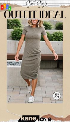 O Neck Short Sleeve Dress Casual Khaki Midi Dress For Summer, Casual Khaki Knee-length Dress, Casual Knee-length Khaki Dress, Casual Solid Color Midi Dress For Day Out, Casual Solid Color Short Sleeve Midi Dress, Casual Khaki Midi Length Dress, Casual Short Sleeve Solid Color Midi Dress, Casual Solid Color Knee-length Midi Dress, Casual Non-stretch Midi Dress For Day Out