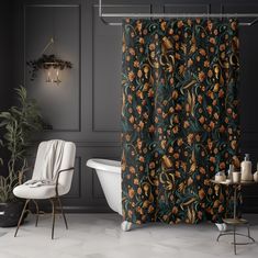 a bath room with a tub and a shower curtain