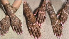 three pictures of hands with henna designs on them