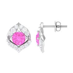 Minimal Pink Sapphire and Diamond Petal Stud Earrings Pink Sapphire - ( AAA ) - Quality - Rosec Jewels Sapphire Stud Earrings, Pink Sapphire Earrings, Petal Earrings, Sapphire Earrings Studs, Sapphire Studs, Sapphire Earrings, Sparkle Diamonds, Pink Sapphire, Prong Setting