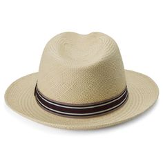 Piero Natural-Coloured Moda Panama Hat with Striped Band | In stock! | Fawler Woven Toquilla Straw Panama Hat With Flat Brim, Short Brim Woven Toquilla Straw Hat, Woven Toquilla Straw Hat With Short Brim, Classic Woven Toquilla Straw Fedora, Woven Toquilla Straw Fedora, Classic Woven Fedora In Toquilla Straw, Classic Woven Fedora From Toquilla Straw, Woven Fedora In Toquilla Straw, Woven Toquilla Straw Fedora Hat