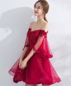 Knee-length Tulle Mini Dress For Wedding, Knee-length Wedding Dress With Sheer Bodice, Red Dresses With Sheer Bodice, Tulle Mini Dress For Banquet, Mini Tulle Dress For Banquet, Mini Tulle Evening Dress For Wedding, Mini Length Tulle Evening Dress For Wedding, Sheer Knee-length Prom Dress, Red Organza Dress For Banquet